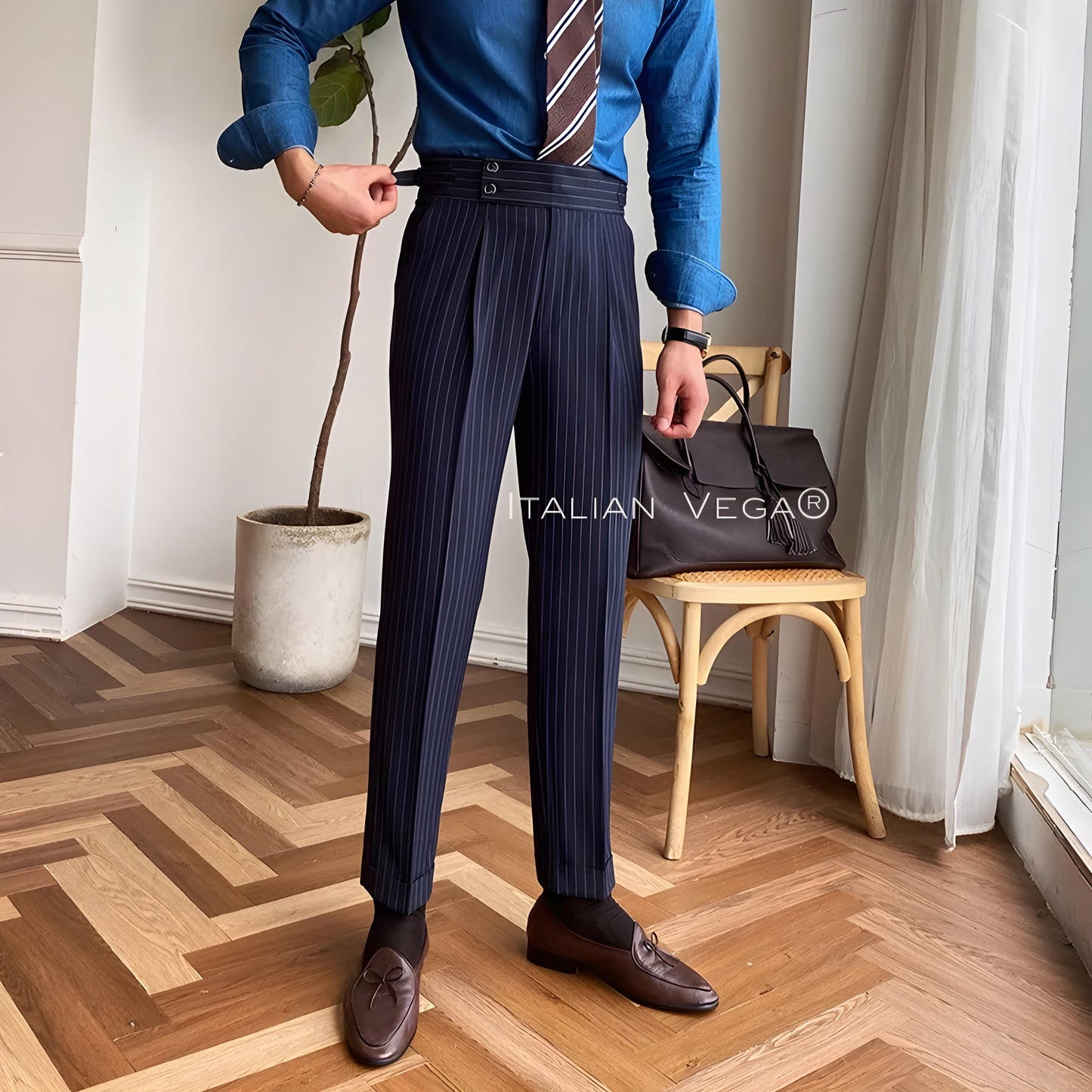 Navy Striped Buttoned Gurkha Pants | Italian Vega® Limited Edition