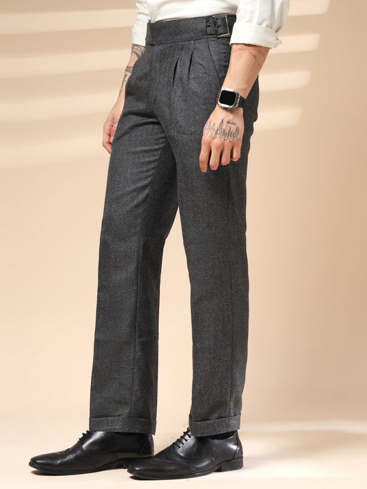 Grey Classic Buckle Herringbone Gurkha Pants | Boot Cut Fit by ITALIAN VEGA®