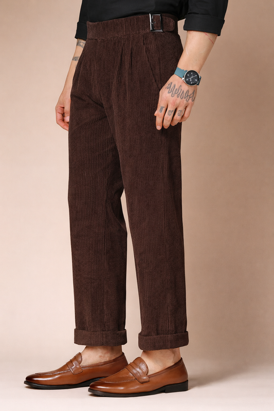 Brown Corduroy Classic Buckle Gurkha Pants | Boot Cut Fit by ITALIAN VEGA®