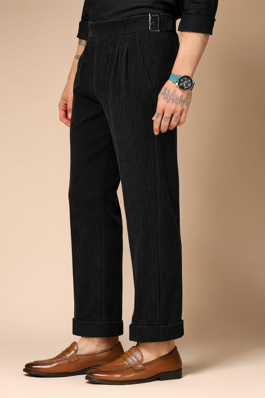 Black Corduroy Classic Buckle Gurkha Pants | Boot Cut Fit by ITALIAN VEGA®