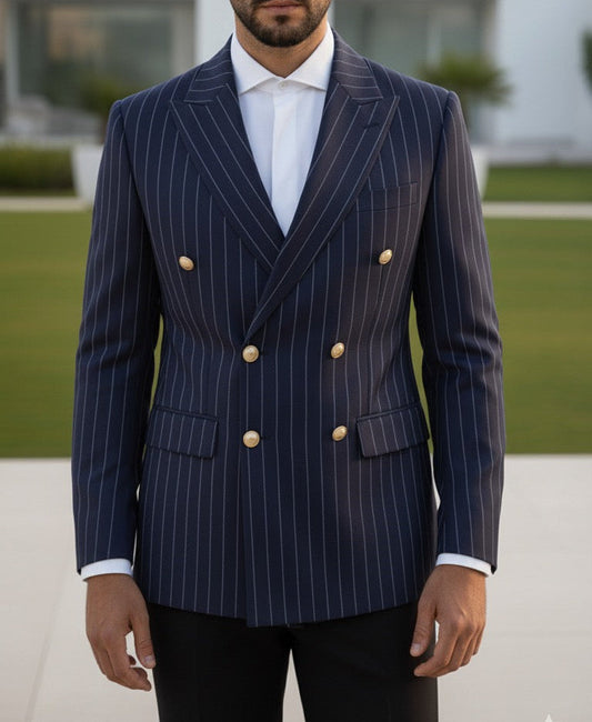 Navy Striped Double Breasted Blazer by Italian Vega (Special Edition)