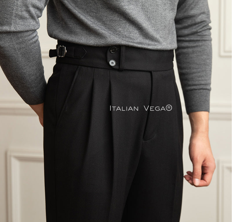 Black Herringbone Signature Buttoned Gurkha Pants by ITALIAN VEGA®