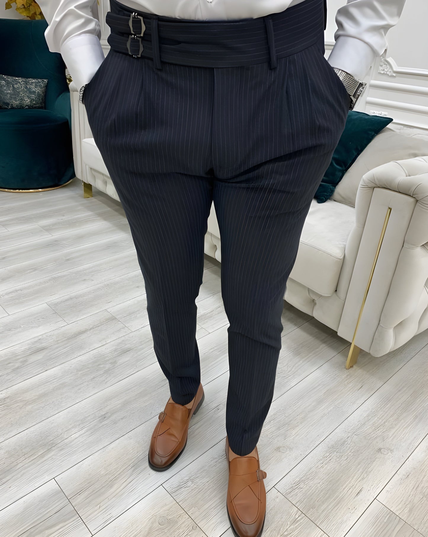 Black Striped Double Buckle Gurkha Pants by Italian Vega Limited Edition