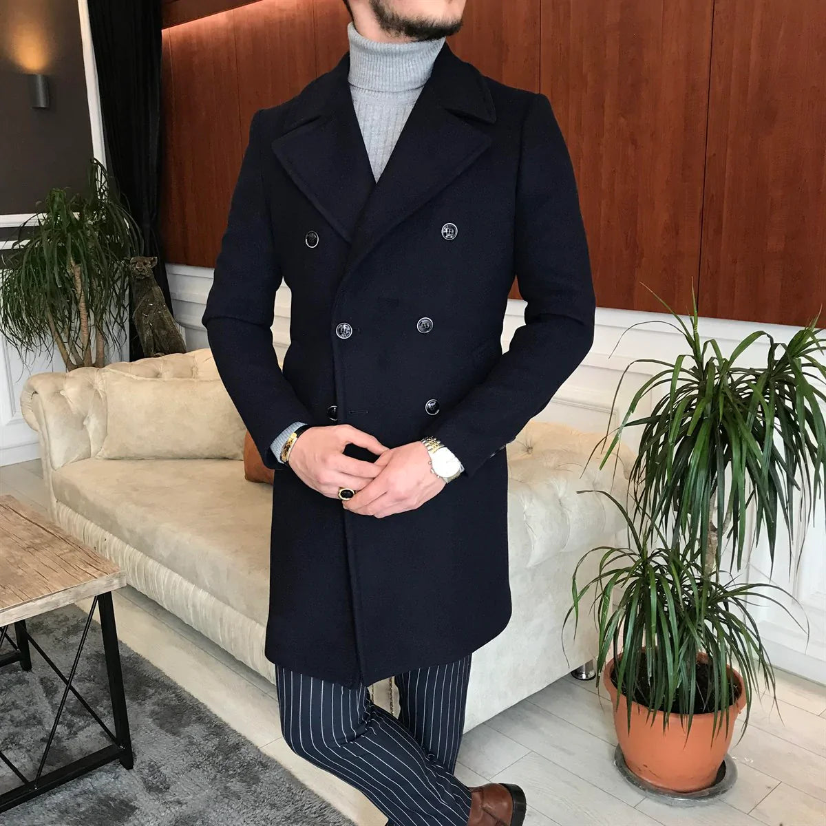 Frost Slim Fit Dark Blue Double Breasted Wool Coat by Italian Vega®