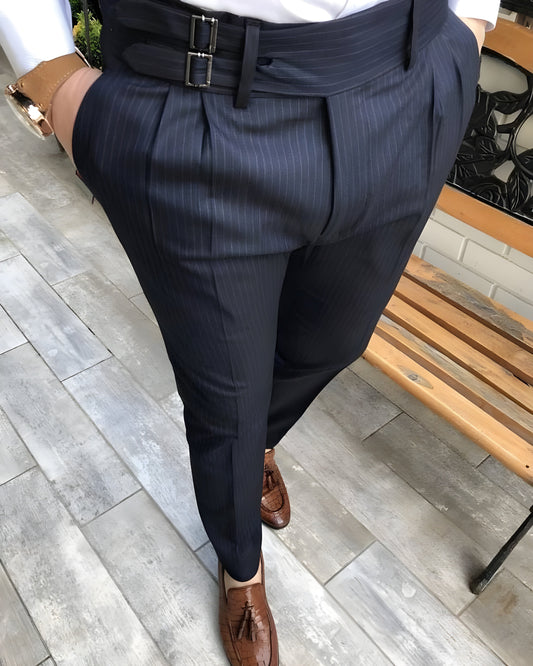 Navy Striped Double Buckle Gurkha Pants Limited Edition