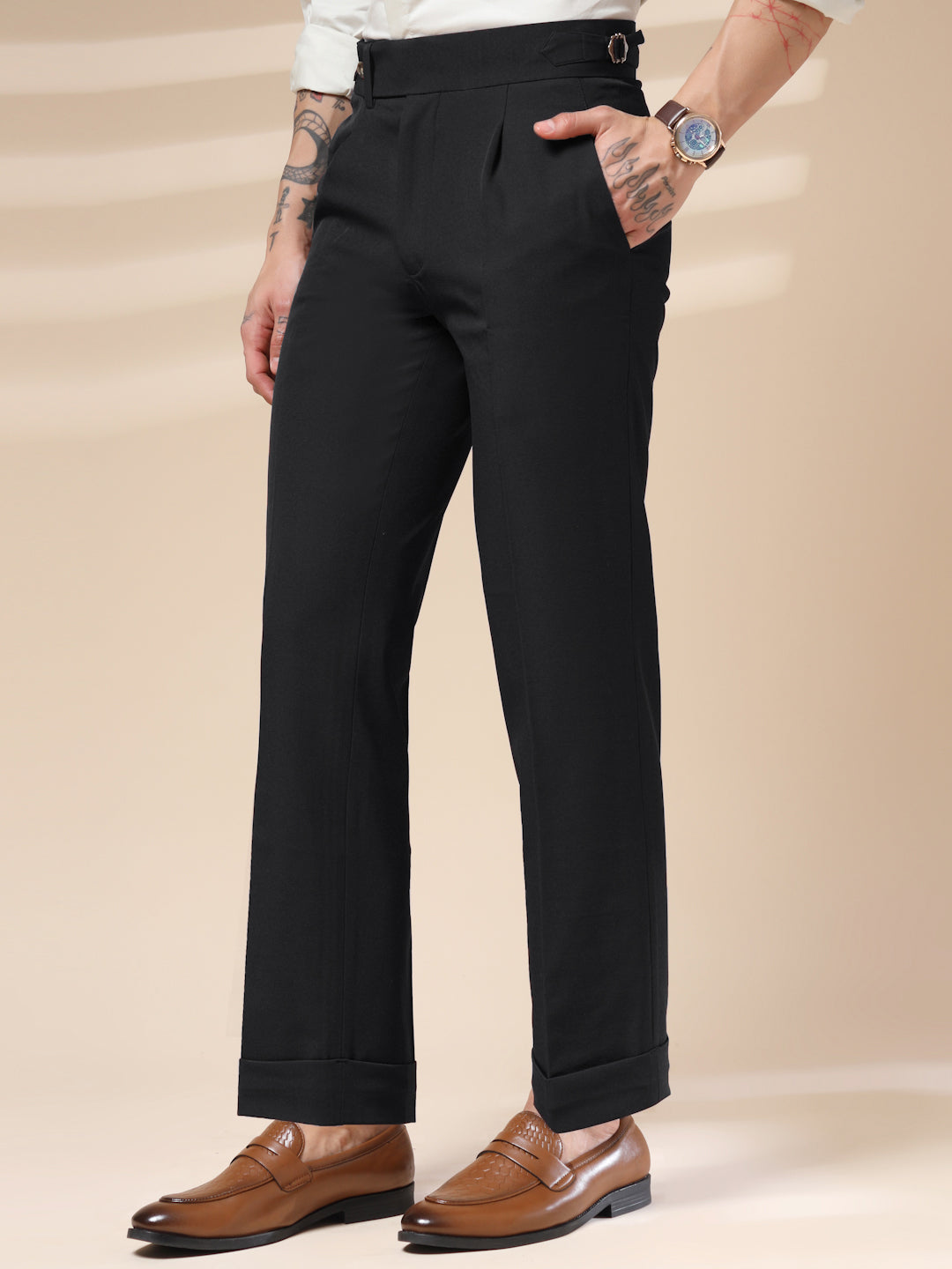Black Elegant Linen Gurkha Pants | Boot Cut Fit by ITALIAN VEGA®