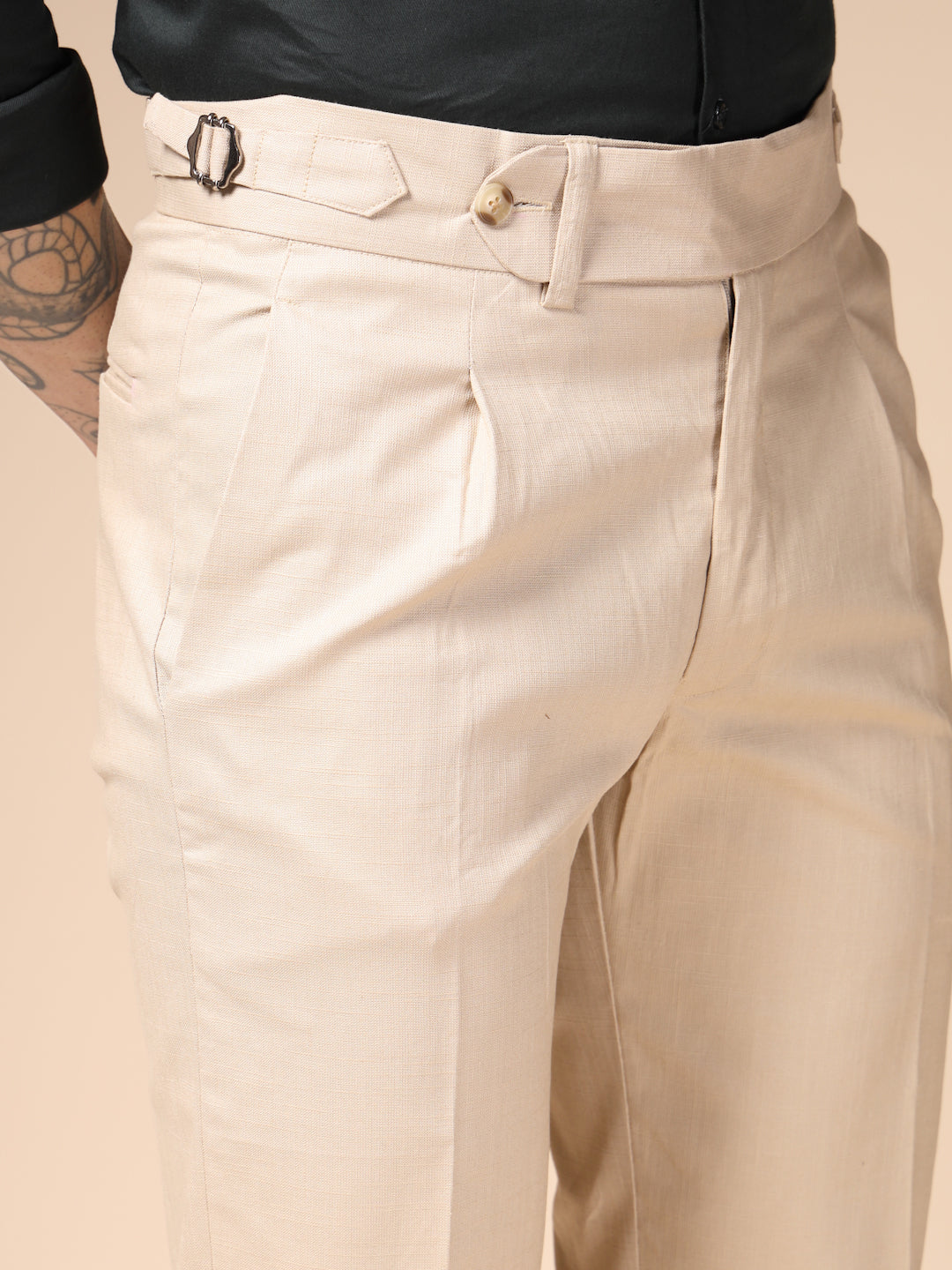 Beige Linen Elegant Gurkha Pants | Boot Cut Fit by ITALIAN VEGA®
