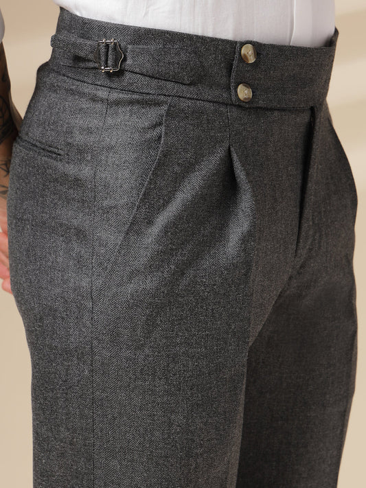 Grey Signature Buttoned Herringbone Gurkha Pants | Boot Cut Fit by ITALIAN VEGA®