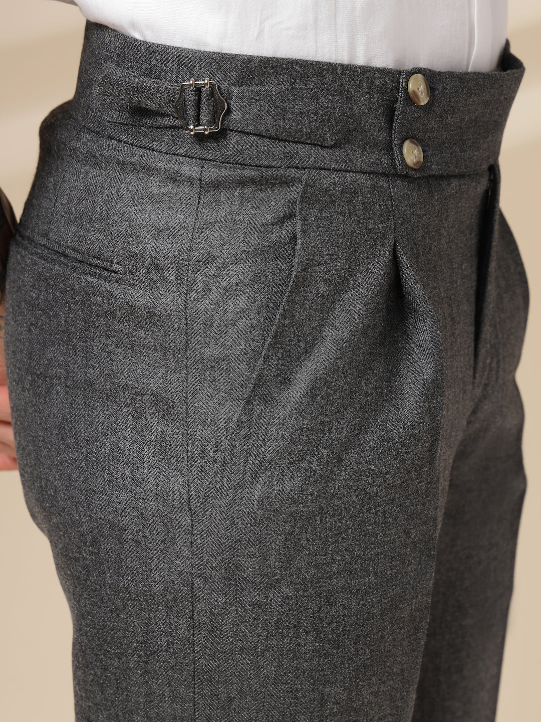 Grey Signature Buttoned Herringbone Gurkha Pants | Boot Cut Fit by ITALIAN VEGA®