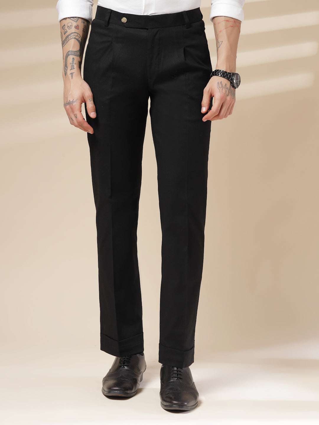Black Linen Formal Pleated Gurkha Pants | Boot Cut Fit by ITALIAN VEGA®