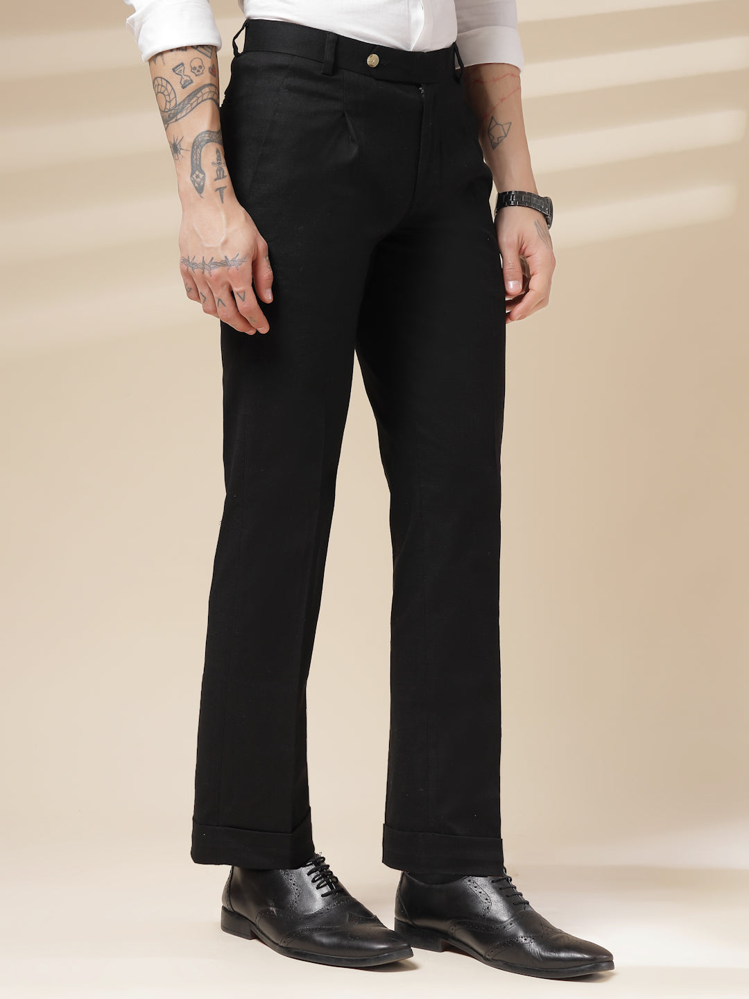 Black Linen Formal Pleated Gurkha Pants | Boot Cut Fit by ITALIAN VEGA®