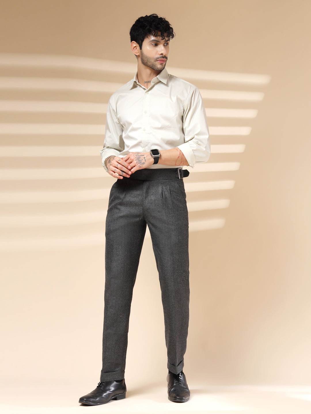 Grey Classic Buckle Herringbone Gurkha Pants | Boot Cut Fit by ITALIAN VEGA®