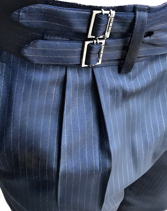 Navy Striped Double Buckle Gurkha Pants Limited Edition