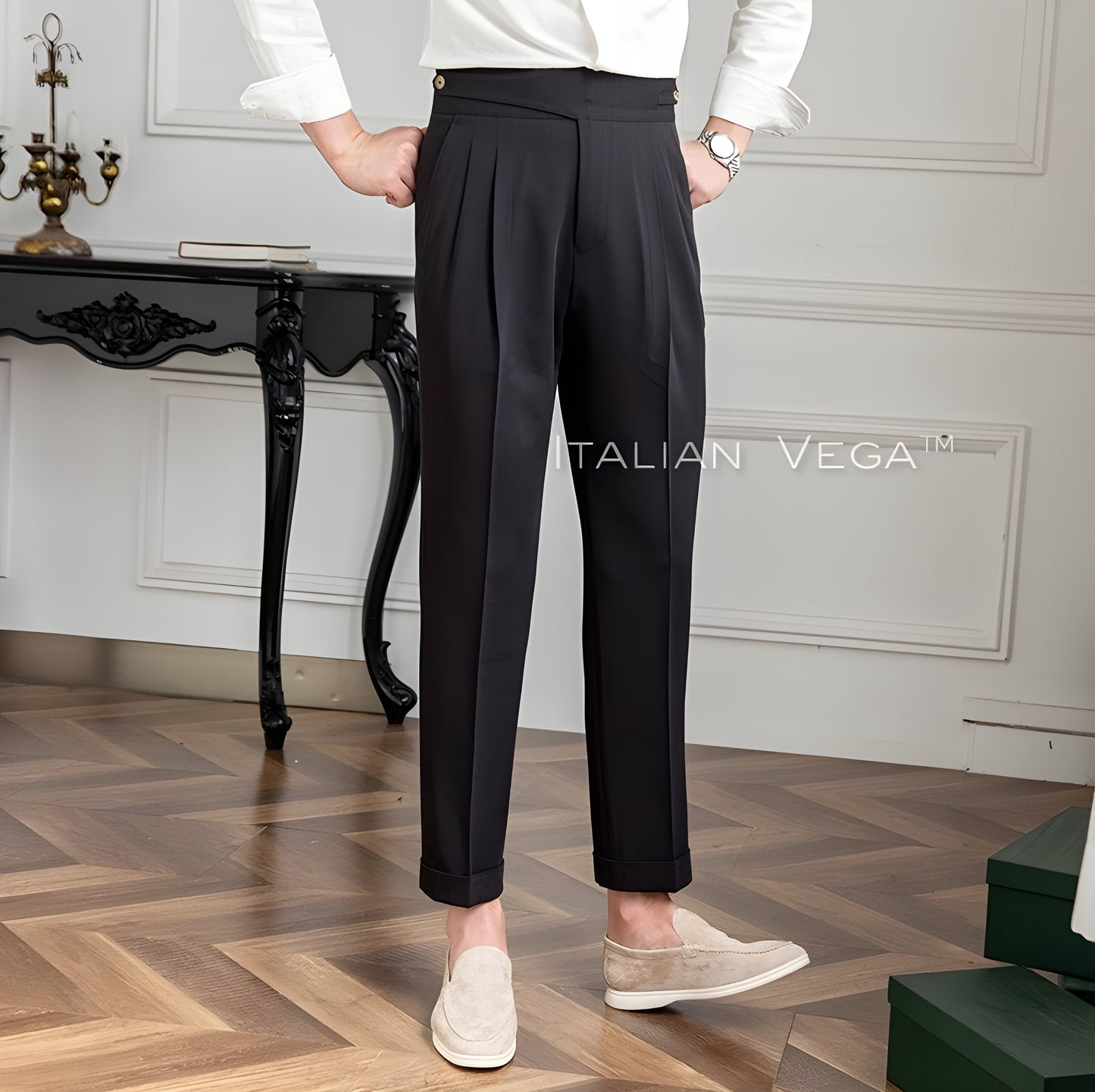 Charcoal Black Classic Buttoned Gurkha Pants by Italian Vega®