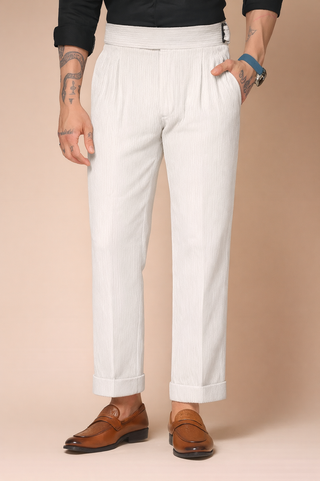 Snow White Corduroy Classic Buckle Gurkha Pants | Boot Cut Fit by ITALIAN VEGA®