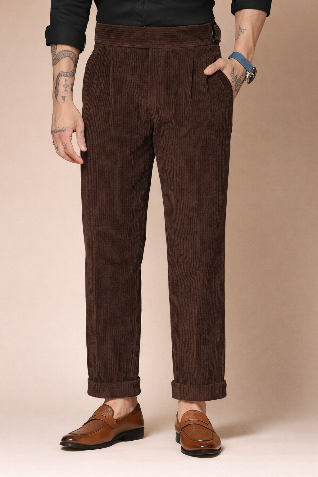 Brown Corduroy Classic Buckle Gurkha Pants | Boot Cut Fit by ITALIAN VEGA®