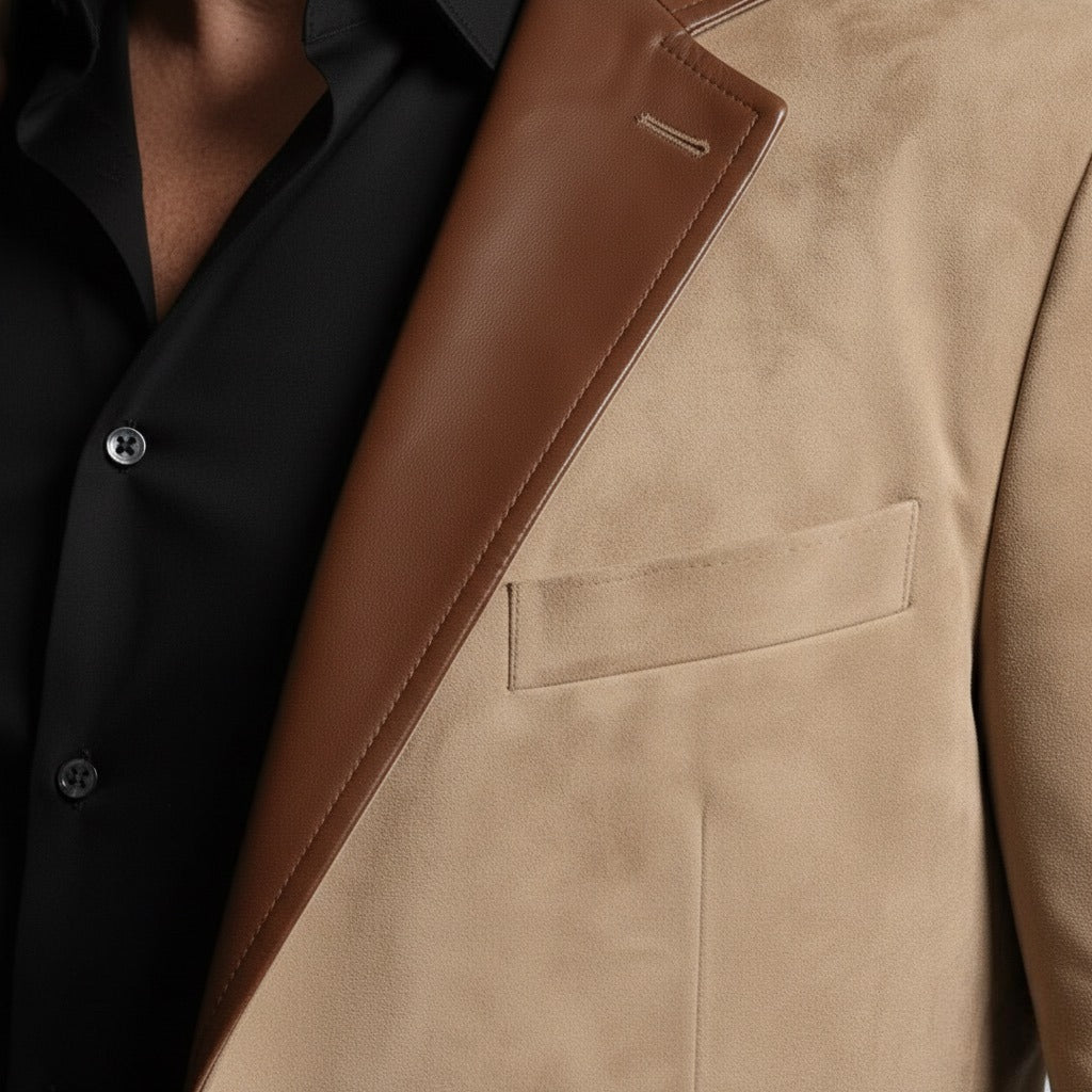 Luxury Beige Single Breasted Suede & PU Leather Blazer – Italian Vega®