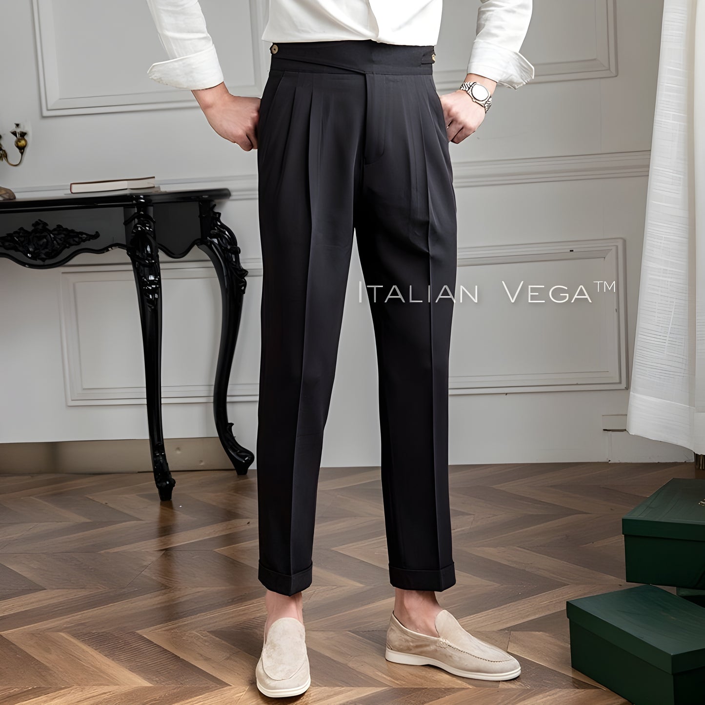 Charcoal Black Classic Buttoned Gurkha Pants by Italian Vega®