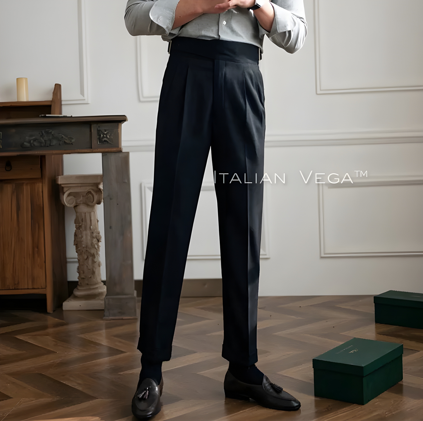 Charcoal Black Classic Buckle Gurkha Pants by Italian Vega®