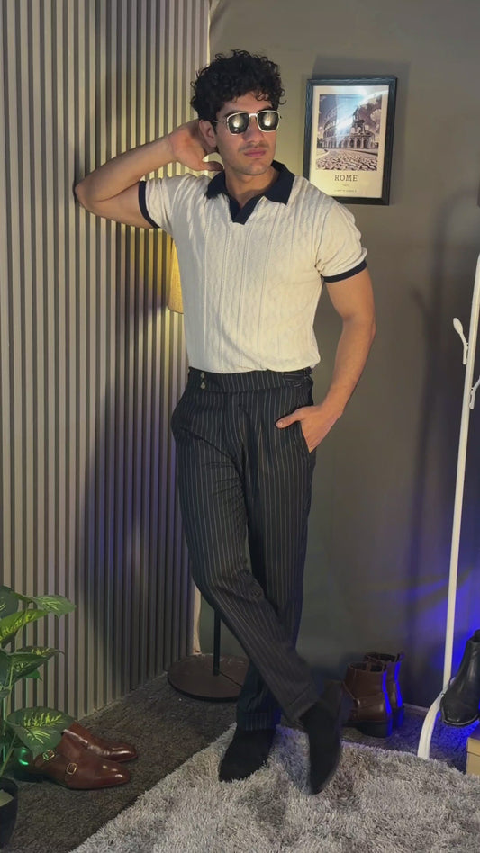Navy Striped Buttoned Gurkha Pants | Italian Vega® Limited Edition